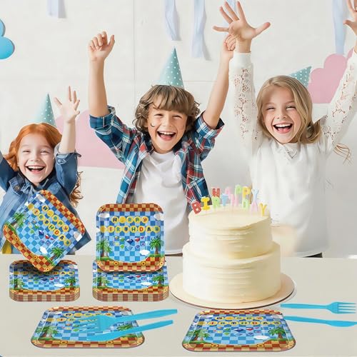 60 Pcs Hedgehog Birthday Party Supplies,Video Game Themed Decorations, Plates, Forks, Games, and Favors for Kids' Celebration