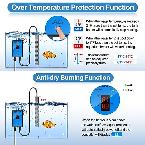 HiTauing Aquarium Heater, Upgraded 300W/500W Fish Tank Heater with Intelligent Leaving Water Automatically Stop Heating an...