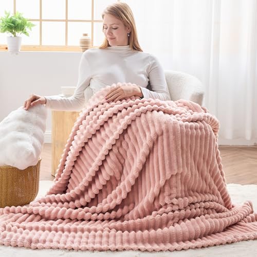 NEWCOSPLAY Super Soft Throw Blanket Pink Premium Silky Flannel Fleece 3D Ribbed Jacquard Lightweight Bed Blanket All Seaso...