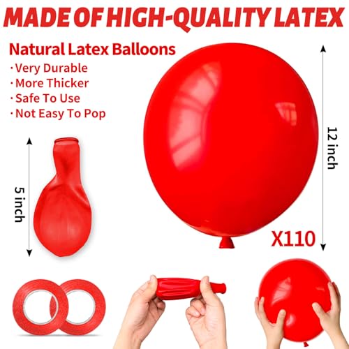 Red Balloon 110pcs, Red Latex Balloons12 inch for Birthday Valentine's Day Wedding(with 2 Ribbons).