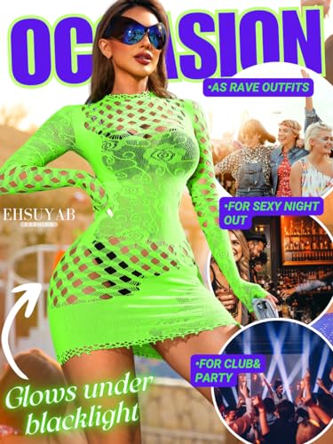 EHSUYAB Club Outfits, Hollow Out, Long Sleeve One Piece Bodycon Fishnet Dress
