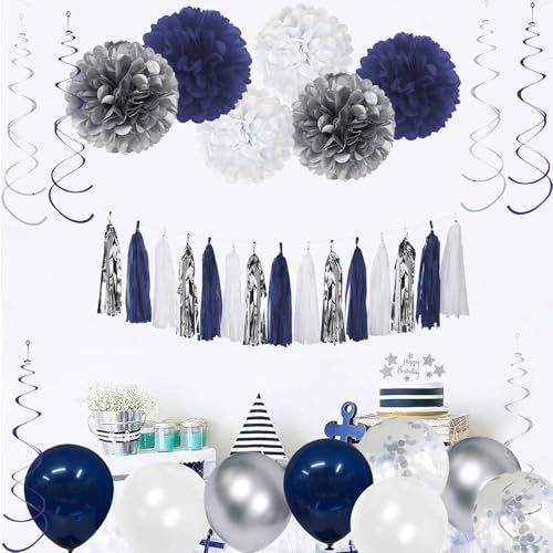 Blue Birthday Party Decorations for Men - Navy Blue and Silver Balloons with Happy Birthday Banner, Tissue Pompoms, Hangin...