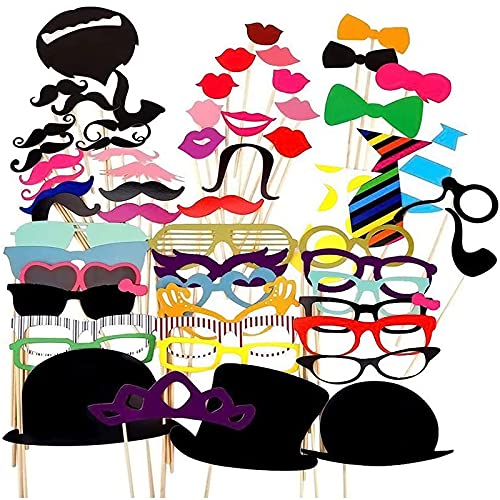 Party Props for Photo Booth Birthday Wedding Kids Adult Prom 58 Pcs, Rowae DIY Funny Costumes with Mustache on a Stick, Ha...