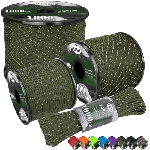 X XBEN Paracord Reflective 1000lb, 50/100/200/500/1000ft 4mm, 13 Strand Paracord Rope, Tactical Parachute Cord for Campin...