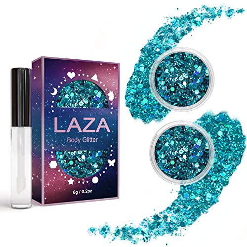 Laza Body Glitter, 2 Jars Holographic Chunky Sequins with Glitter Glue Perfect for Women Eyeshadow Makeup Face Paint Festi...