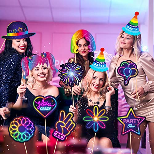 25pcs Glow Neon Photo Booth Props with Stick, Photo Props for Birthday Let's Glow Themed Neon Glow in The Dark Disco Black...
