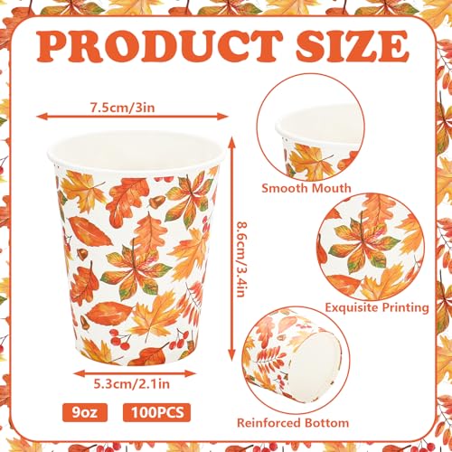 JarThenaAMCS 100Pcs Fall Paper Cups 9 oz Maple Leaves Disposable Coffee Cups for Autumn Thanksgiving Harvest Cold Hot Beve...