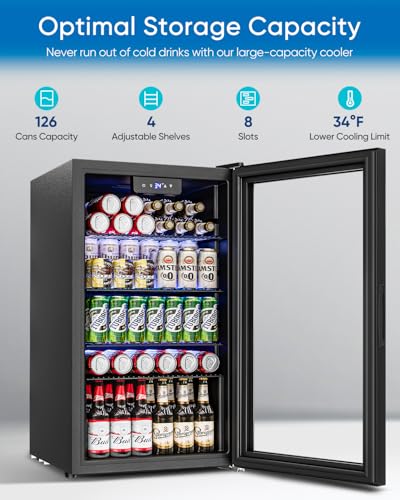 Feelfunn 3.2 Cu.Ft Mini Fridge with Glass Door - 126 Can Beverage Refrigerator Cooler for Drink Beer Wine Soda, Small Frid...