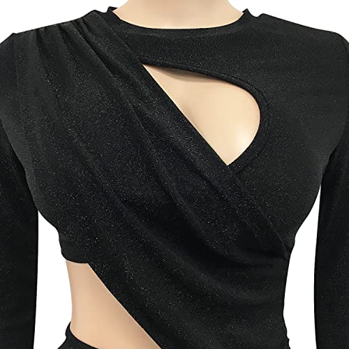Elainone Women's Sexy Ruched Long Sleeve Bodycon Dress Cut Out Solid Color Basic Fitted Elegant Midi Dresses