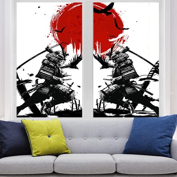 Japanese Samurai Stained Glass Film Watercolor Ink Samurai Sword Red Sun Printwindow Tinting Film for Home,Window Film Stained Glass 17.7Wx23.6L-Inch X2Pcs