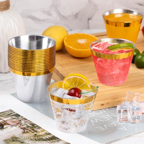 Goodluck 100PCS 9oz Gold Plastic Cups for Party, Disposable Gold Rim Cups, Plastic Cocktail Glasses for Wedding Thanksgivi...