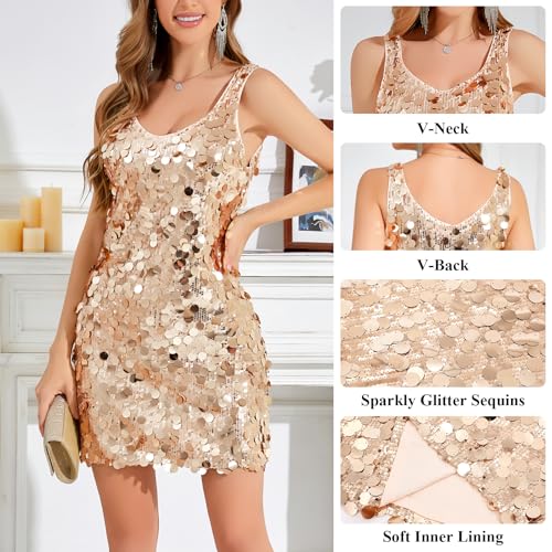 Women's Sequin Dress Sparkly Glitter V Neck Sleeveless Shift Dress Cocktail Disco Outfit Party Club Night Out Dresses