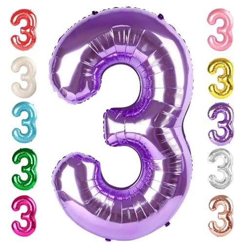 Numbers Balloon 3, 40 Inch Large Purple Balloon for Three Year Old Birthday Decor, 3 13 30 31 Birthday Party Decorations f...
