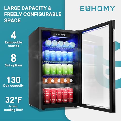 EUHOMY Beverage Refrigerator Cooler, 130 Can Mini Fridge with Glass Door for Soda Beer or Wine, Beverage Cooler for Home, ...