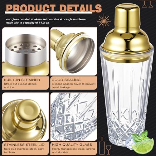 Honeydak 4 Pcs Glass Cocktail Shakers Martini Shakers with Stainless Steel Lids and Strainers Clear Drink Mixing Glass Pit...
