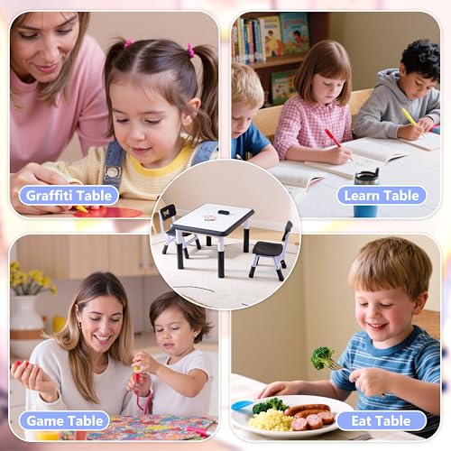 GTOLV Kids Table & Chairs Set (2 Chairs), Height Adjustable Toddler Table and Chair Set for Kids Ages 3-8 with Graffiti De...