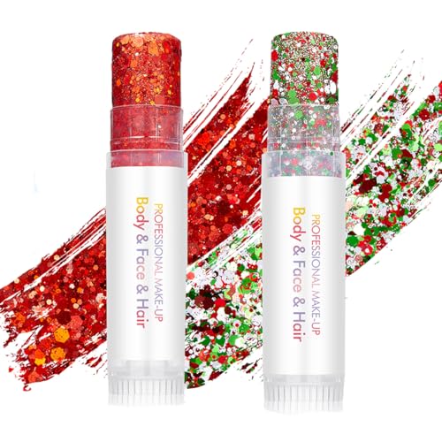 Body Glitter Stick for Face, Body & Hair - Red & Green Chunky Sparkle Glitter, 2 Pack | Long Lasting Party Makeup for Fest...