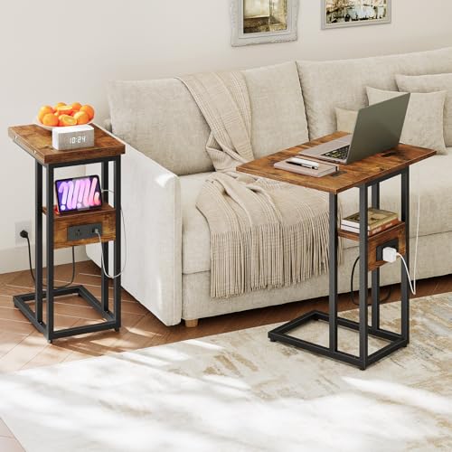 HOOBRO Foldable End Table, C Shaped Side Table with Charging Station, Sofa Couch Table That Slide Under for Living Room Be...