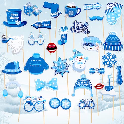 MOUNTCLIM 31 PCS Snowflake Photo Booth Props Winter Snowman Photo Props Winter Wonderland Party Decorations for Xmas Holid...