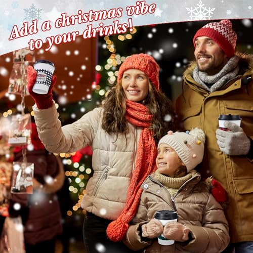 Yungyan 50 Pack 12 oz Christmas Disposable Coffee Cups with Lids and Sleeves Paper Hot Chocolate Cups Cocoa Bar Supplies f...