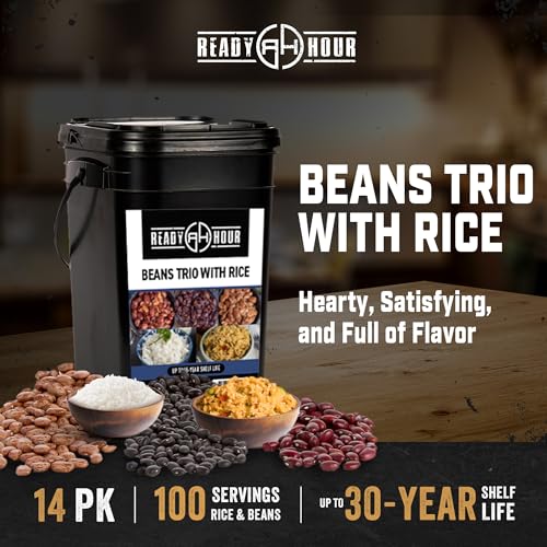Ready Hour Beans Trio with Rice Kit Bucket (100 Servings) Survival Beans and Rice, Survival Food Storage, Emergency Prepar...