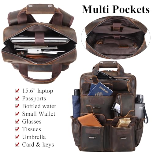 Masa Kawa Leather Backpack for Men Vintage 15.6 Inch Laptop Bag Multi Pockets Casual Travel Daypack Brown
