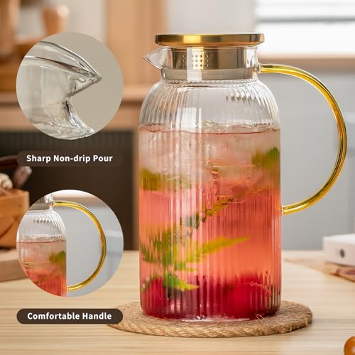 Buaic 2 PACK Glass Pitcher with Lid, 68 oz/ 2 Liter Classic Vertical Stripes Water Pitcher with Yellow Handle,Glass Water ...