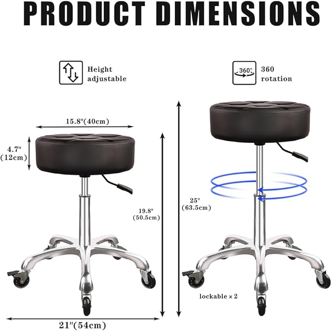 Rolling Stool with Wheels 12cm Ultra Thick Cushion Roller with Heavy Duty Swivel Desk，Adjustable Height Roller Stool for Massage Medical Tattoo Spa(Super Thick Cushion, Black)