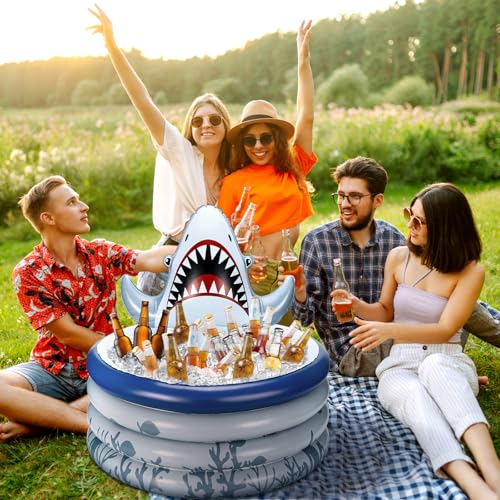 Bencailor Shark Party Decorations Summer Birthday Inflatable Cooler Blow Up Drink Cooler Reusable Floating Ice Chest Summe...