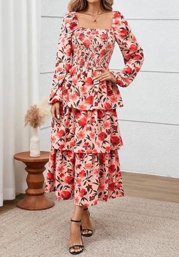 BTFBM Spring Dresses for Women 2026 Floral Long Sleeve Smocked Square Neck Ruffle Tiered Flowy Party Wedding Guest Dress