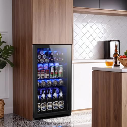 Tehanld Beverage Fridge, 130 Can Mini Fridge With Glass Door, Beverage Cooler Refrigerator, Wine Drink Beer Cooler, Adjust...