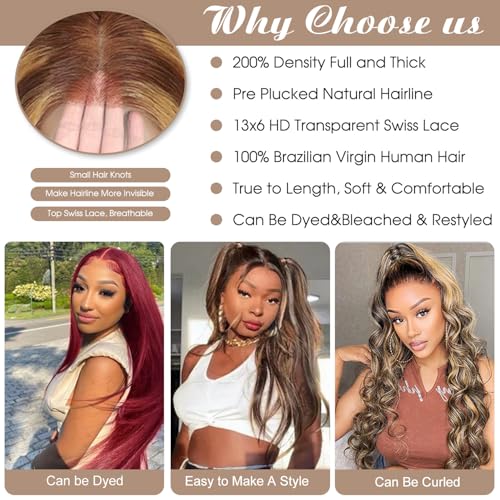Honey Blonde Ombre Lace Front Wig Human Hair 13x6 HD Transparent Straight Lace Front Wigs Pre Plucked 200% Density 4/27 Colored Human Hair Wig for Women 24 Inch