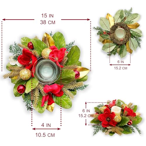 18" Centerpiece with Flameless LED Candle Holder, Design with Red Artificial Magnolia, Gold Baubles & Spruce Branches for ...