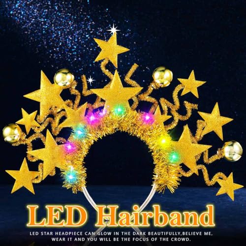 JONKY Light Up Gold Star Headband Disco Ball Hair Band Rave Costume Party Hair Accessories for Women