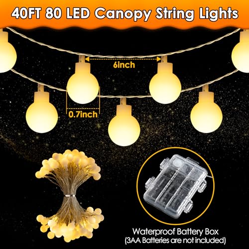 ElectricWise 1 Pack LED Canopy Lights, 40ft 80LED Battery Powered Canopy Tent Lights Outdoor with 8 Modes, Warm White Cano...