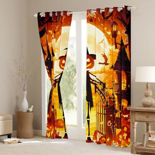 Trippy Moon Starry Sky Window Curtain,Sugar Skull Bat Ghost Curtains Halloween Theme Window Treatment Curtain Kids Boys Teens Room Decor,Pumpkin Lantern Gothic Style Window Drapes,2 Panels,38Wx54L