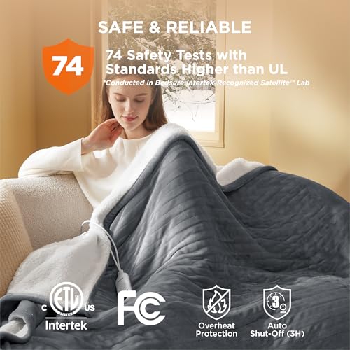 Bedsure Heated Blanket Throw Blanket - Fast Heating Electric Blanket, Soft Flannel Heated Throw with 4 Time Settings, 6 He...