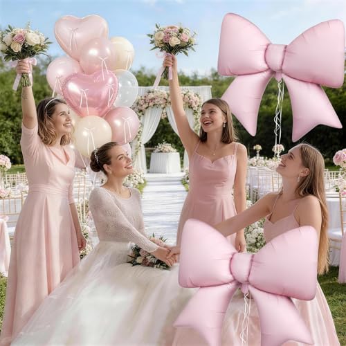 16Pcs Pink Heart Balloons, 38 Inch Bow Balloons, Double Stuffed Pearl Pink Clear Balloon and Bow Heart Shaped Foil Balloon...