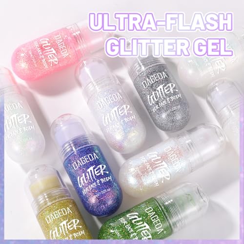 DAGEDA Body Glitter Gel, Roll-on Face Glitter for Mermaid Makeup Festival Rave Accessories, Holographic Hair Glitter Gel,B...