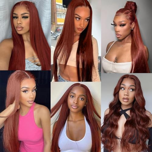 Reddish Brown Lace Front Wigs Human Hair Pre Plucked Brazilian Unprocessed Straight 13x4 HD Lace Frontal Wig with Baby Hair Auburn Copper Colored Wigs for Women (Reddish Brown,24 Inch)