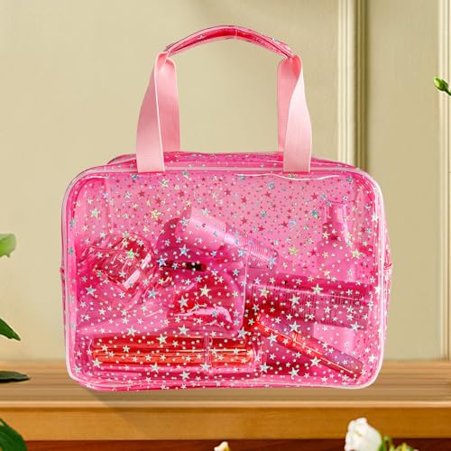 TotePrint Hot Pink Star Large Cosmetic Bag 12x5x8 inch Travel Pouch with Handle,Durable PVC Material,Zipper Design-Ideal f...