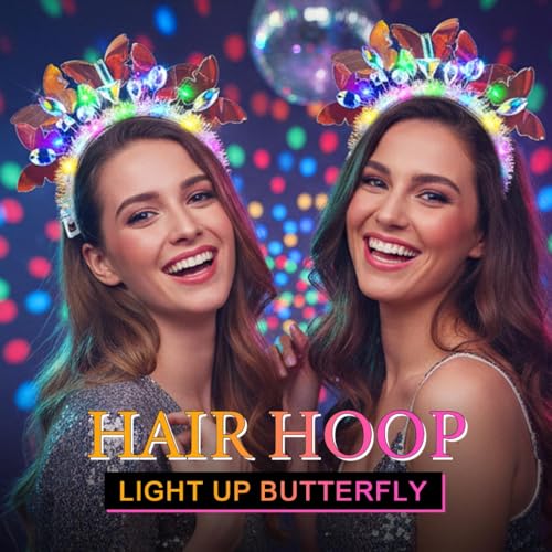 JEAIRTS Light Up Butterfly Headband Sparkly Rhinestone Headpiece Led Crystal Rave Costume Headwear for Women
