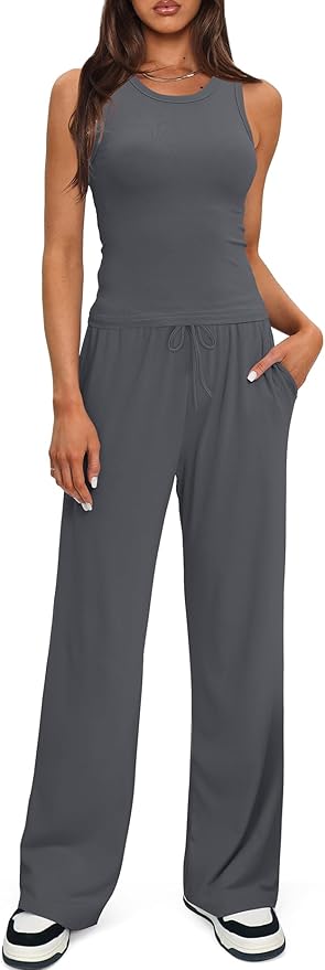 Darong Women's 2 Piece Outfits Lounge Sets Sleeveless Tank Tops Wide Leg Pants Sets Tracksuits Match Sets