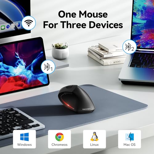 TECKNET Ergonomic Mouse, Wireless Bluetooth Vertical Mouse, 4800 DPI Optical Tracking, 6 Adjustable DPI, Quiet Clicks, 2.4...
