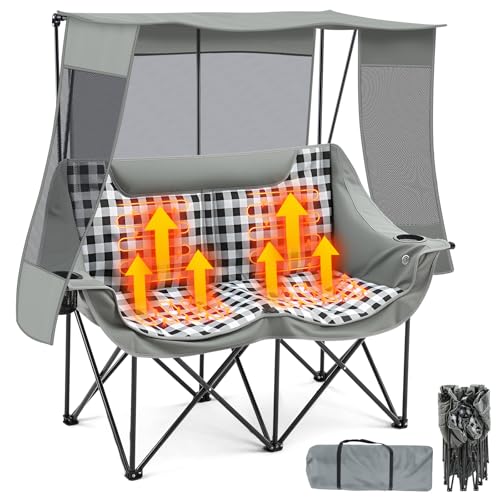 Heated Double Camping Chair with Canopy, Padded Loveseat 660lbs Folding Portable Chair with Pocket for Adult Outdoor Lawn,...