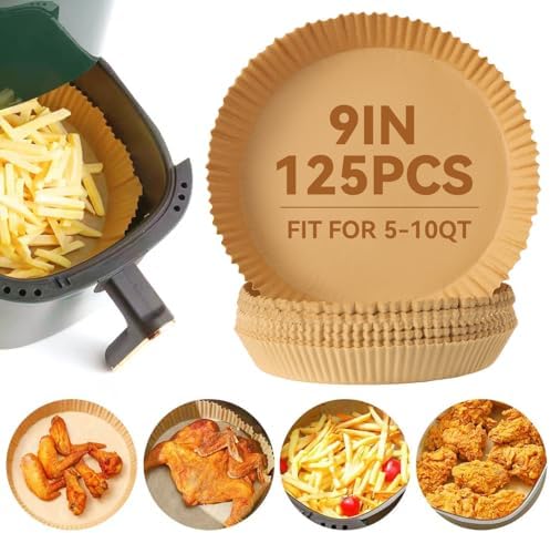 Air Fryer Liners Disposable, Parchment Paper for Baking 9inch Round, 125pcs Non-Stick Parchment Sheets for Air Fryer Basket, Microwave, Oil-proof and Water-proof for Easy Cleanup