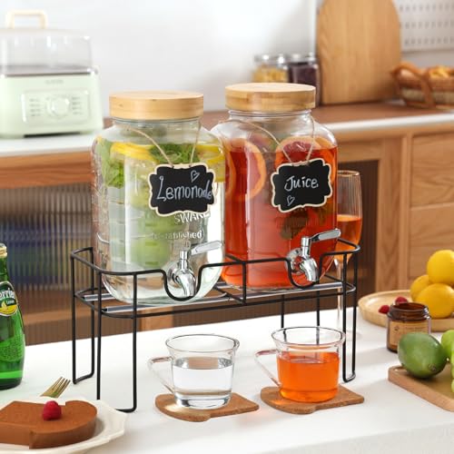 2 Pack 1 Gallon Glass Drink Dispenser with Bamboo Lid, Beverage Dispenser with Stand, Drink Machine for Lemonade, Iced Dri...