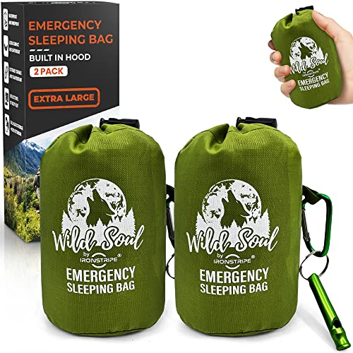 Ironstripe Bivy Sack XL Waterproof Survival Sleeping Bag with Emergency Whistle, Built-in Hood & Thermal Mylar - Tear & Pu...