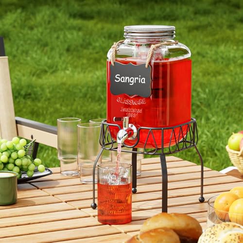 OneDream Glass Drink Dispenser for Parties, 1Gallon Beverage Dispenserd with Stand, Lemonade Dispenser with Stainless Stee...