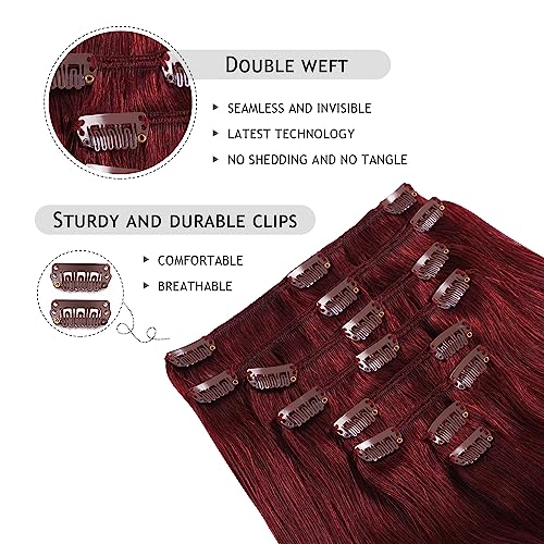 YILITE Hair Extensions Clip in Human Hair 8Pcs 120Gram/Pack Burgundy Silky Remy Human Hair Double Weft Straight Real Hair Extensions Clip ins Thick (18inches #99J Burgundy£©